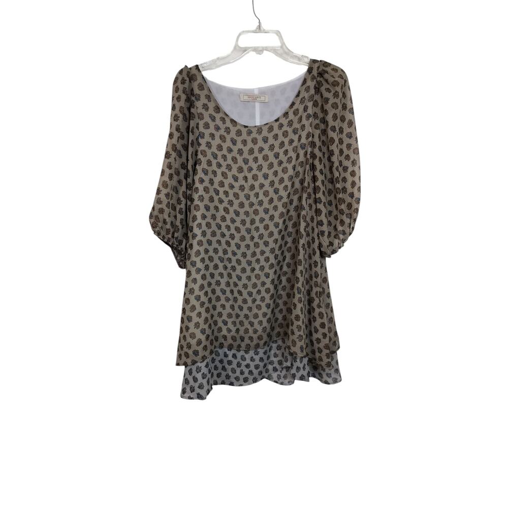 3940)Lucy Love Tan Ditsy Floral Print Puff Sleeve Tiered Boho Tunic Dress Large